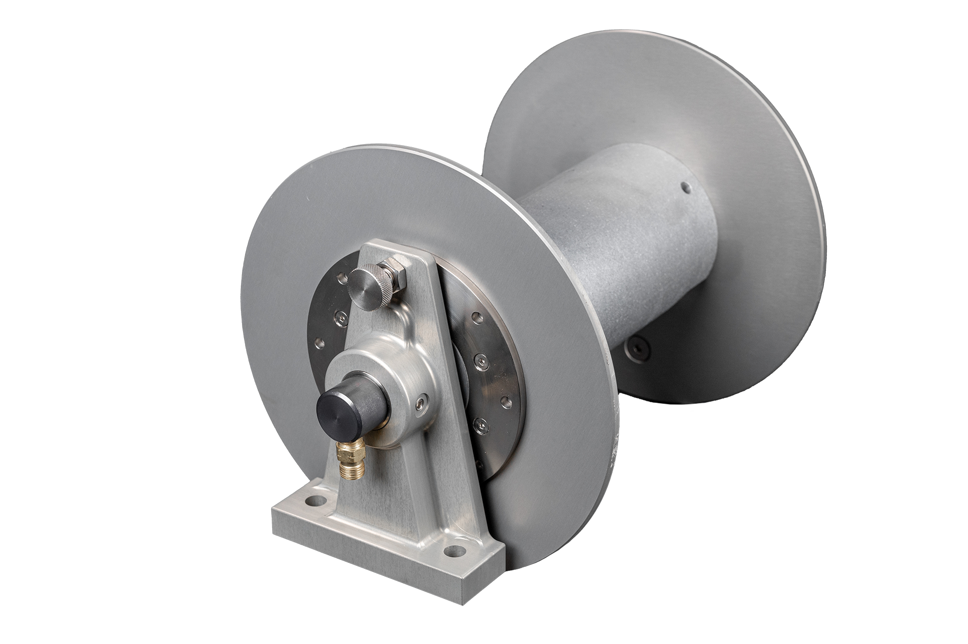 Revel Industries – Propane Gas Reel A stainless steel gas reel featuring a durable metal housing and a sturdy metal handle