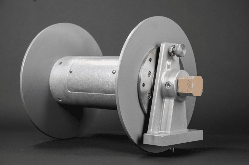 A metal-handled air reel featuring a metal spool, designed for efficient line management and storage