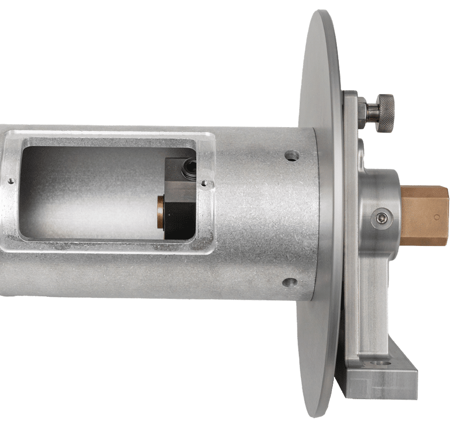 A stainless steel reel mounted on a sturdy metal stand, showcasing its sleek design and durable construction