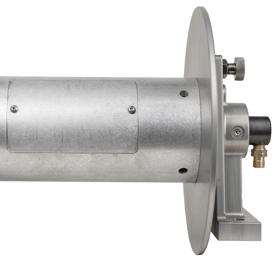 A stainless steel wheel attached to a metal shaft, showcasing a sleek and durable design for various applications