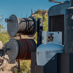 A large black truck from Revel Industries, equipped with a hose and loaded with reels, parked in an industrial setting